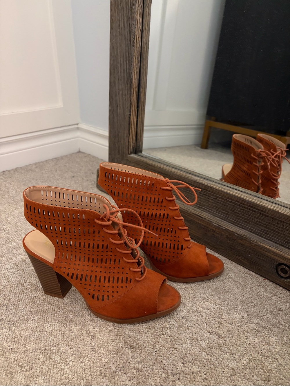 Lace-Up Perforated Peep Toe Block Heels - Rust